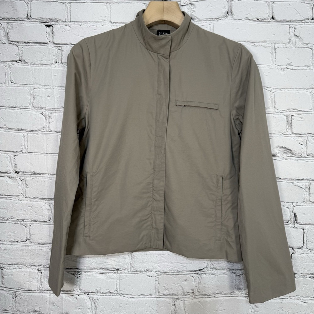 Eileen Fisher Womens Jacket XS Italian Fabric Mandarin Collar Snap Zip Pockets‎